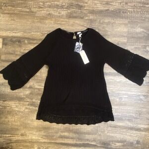 Greige Black Knit Bell‎ Sleeve Sweater Crochet Lace Trim Keyhole Back Medium NWT